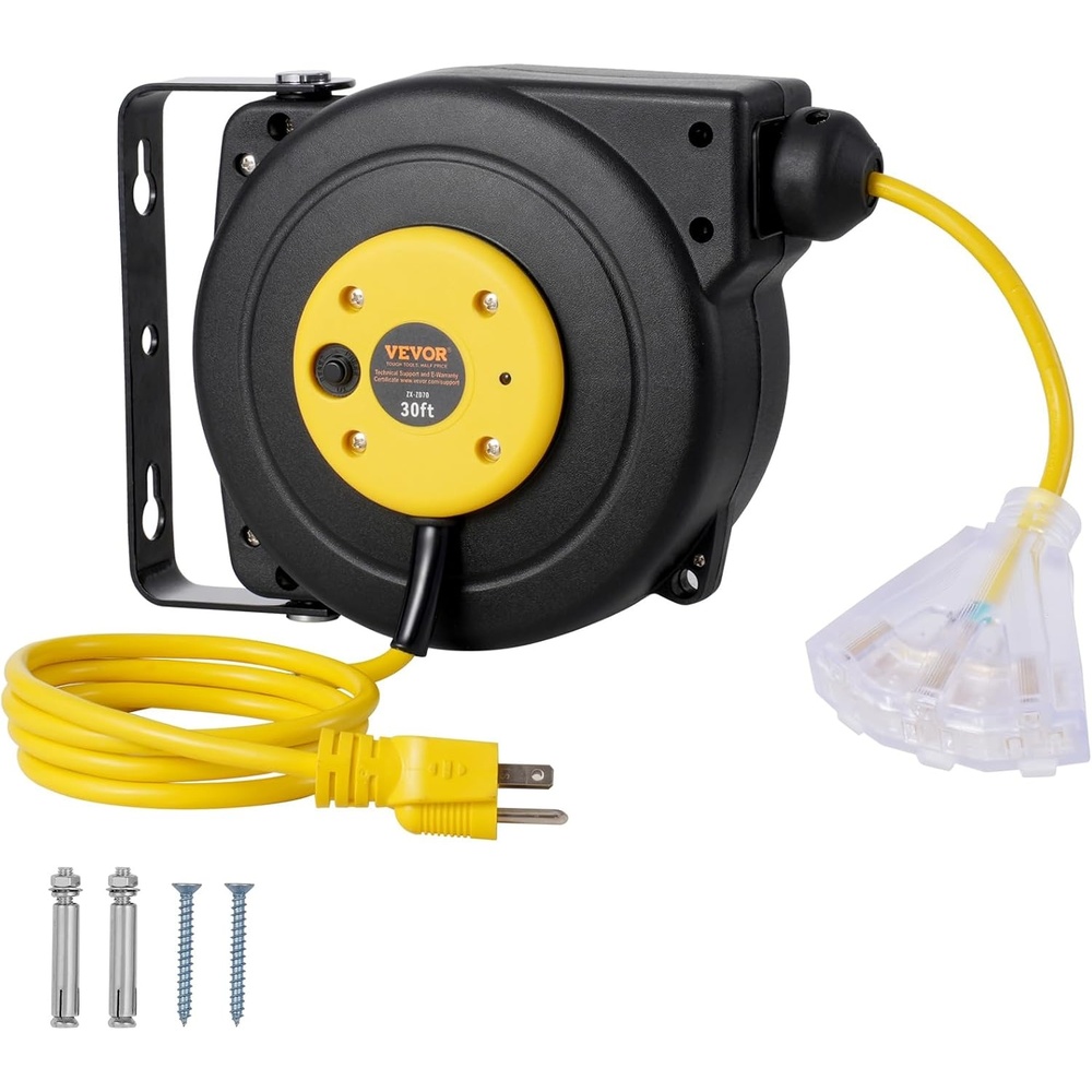 image:imageVEVOR Retractable Extension Cord Reel 45 FT Heavy Duty 12AWG3C SJTOW Extension Power Cord with Lighted Triple Tap Outlet 15A Circuit Breaker 180 Swivel Bracket for Ceiling or Wall Mount RedYellow