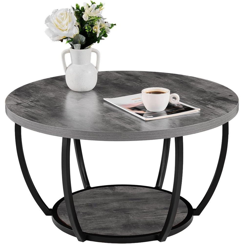 image:imageVEVOR Round Coffee Table 315 Modern Coffee Table 2 Tiers Wooden Circle Center Desk with Open Storage Sturdy Metal Frame Accent End Desk for Living Room Office Easy Assembly Rustic BrownGrey