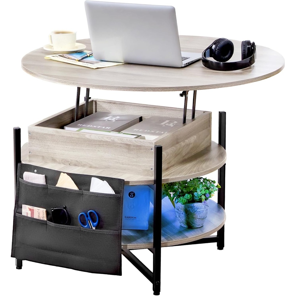 image:imageVEVOR Round Lift Top Coffee Table with LED Light 354 Circle Coffee Table with Storage and Hidden Compartment Farmhouse 2 Tier Large Dining Table for Living Room Reception Room Wood Gray