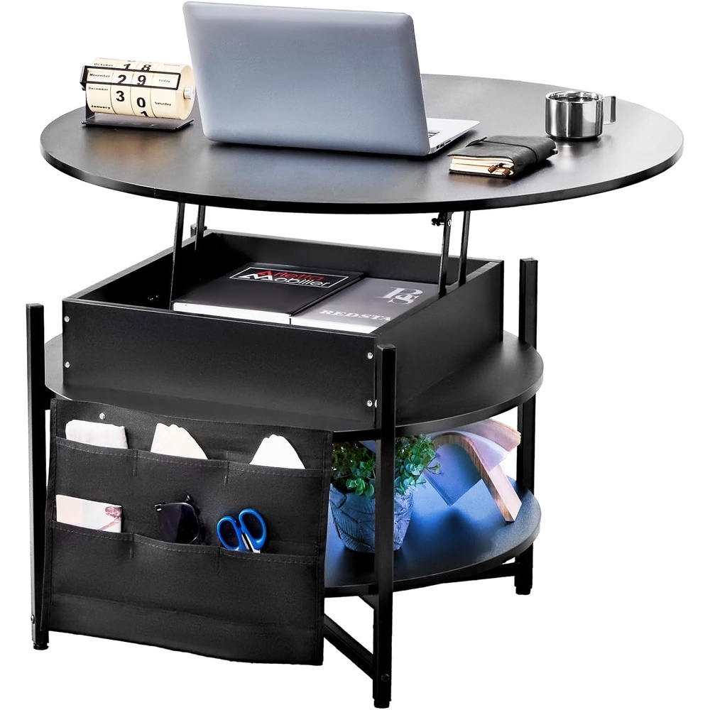 image:imageVEVOR Round Lift Top Coffee Table with LED Light 354 Circle Coffee Table with Storage and Hidden Compartment Farmhouse Large Dining Table for Living Room Reception Room Black