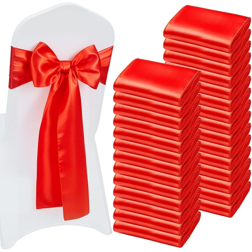 image:imageVEVOR Satin Chair Sashes Bows 50PCS Chair Ribbon Ties Back Sash 7 x 108 inch Red Wedding Reception Decoration for Wedding Ceremony Baby Shower Party Events Banquet Cover DecorationRed