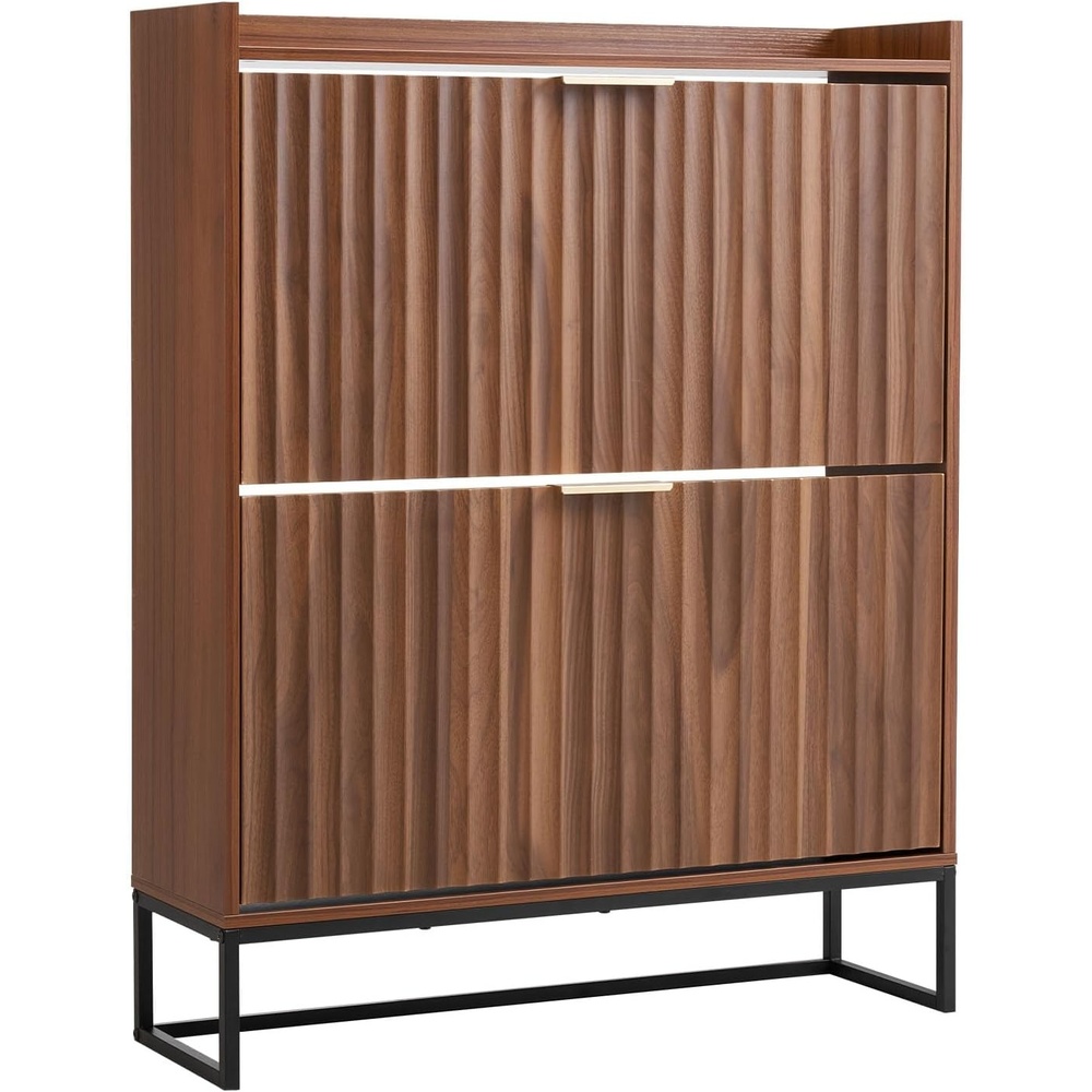 image:imageVEVOR Shoe Cabinet with 2 Flip Drawers MidCentury Shoes Storage Cabinet with AntiTipping Device Freestanding Fluted Shoe Organizer Ideal for Entrance Hallway Bedroom Living Room WalnutWalnut