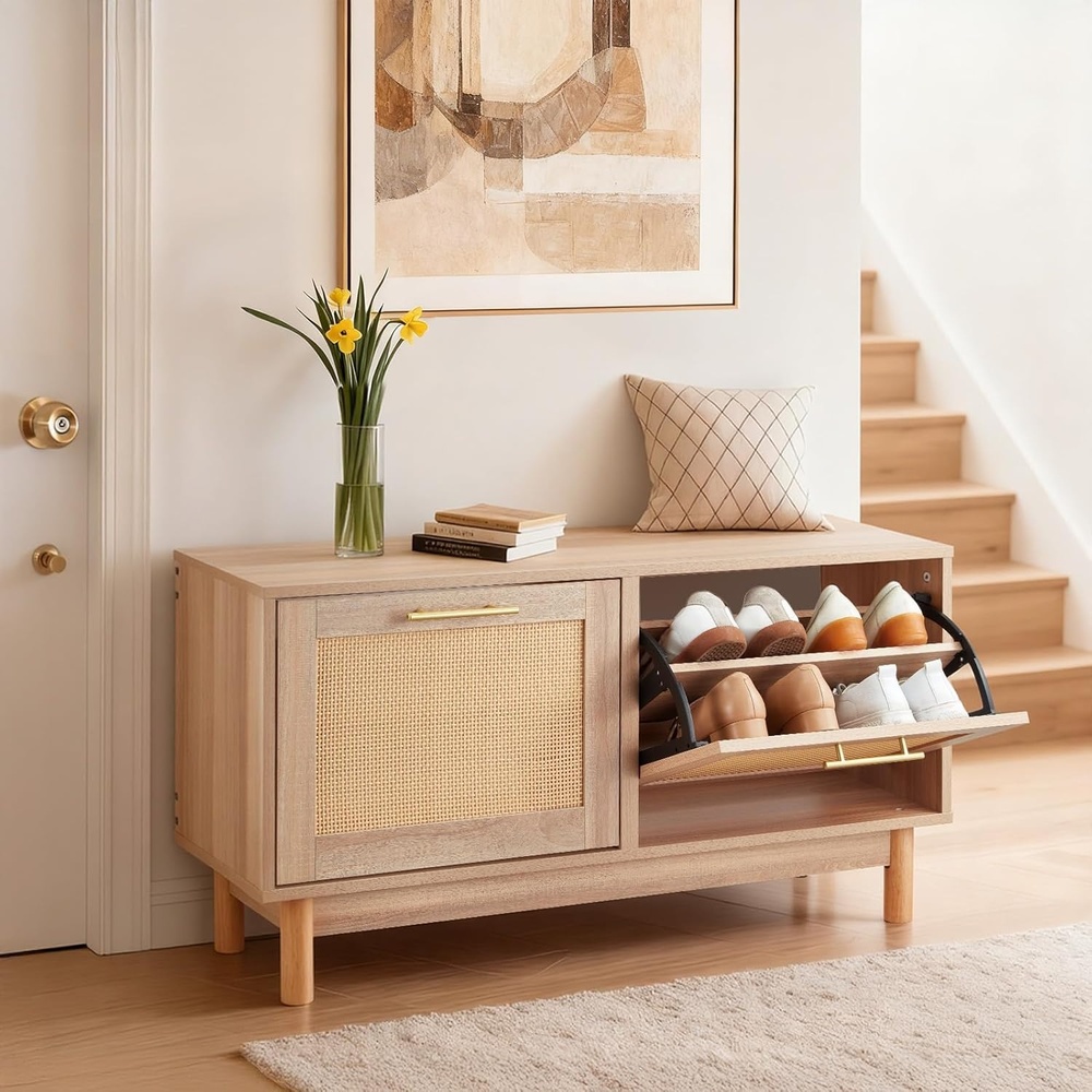 image:imageVEVOR Shoe Storage Bench with Padded Cushion Entryway Bench with Hidden Storage Holds up to 300 lbs 317 x 120 x 175 Inches for Entryway Hallway Living Room Bedroom2 Rattan Doors