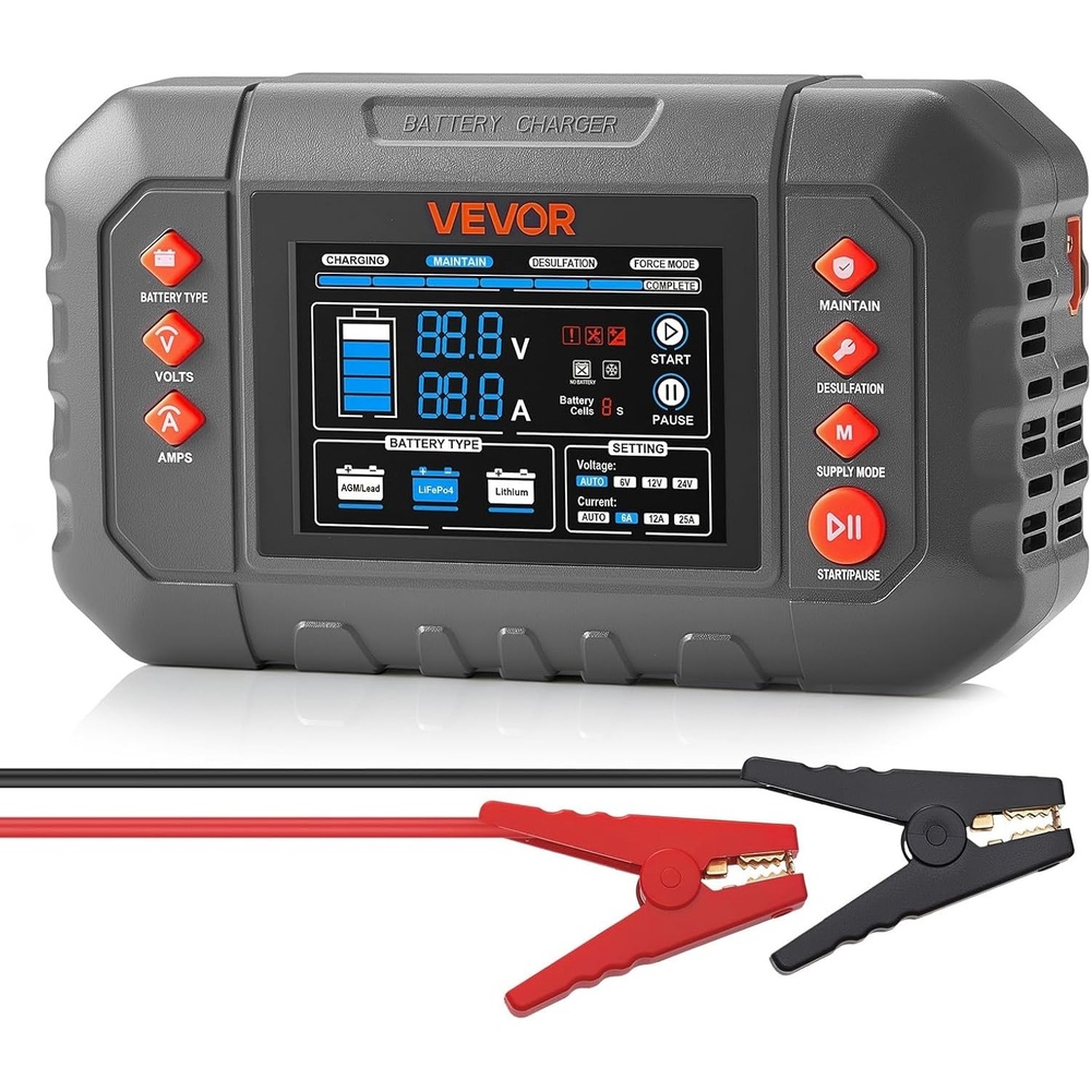 image:imageVEVOR Smart Battery Charger 2A x 4 LiFePO4 LeadAcid AGMGelSLA Car Battery Charger FullyAutomatic Charger Maintainer Desulfator for Boat Motorcycle Lawn Mower Golf Cart Marine Deep Cycle25A