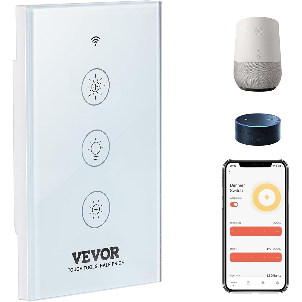 image:imageVEVOR Smart Dimmer Switch WiFi 24GHz Dimmable Smart Switch with Tempered Glass Touch Panel 15 to 85 Stepless Dimming Voice App Remote Control Works with Alexa Google Home for LED Lights