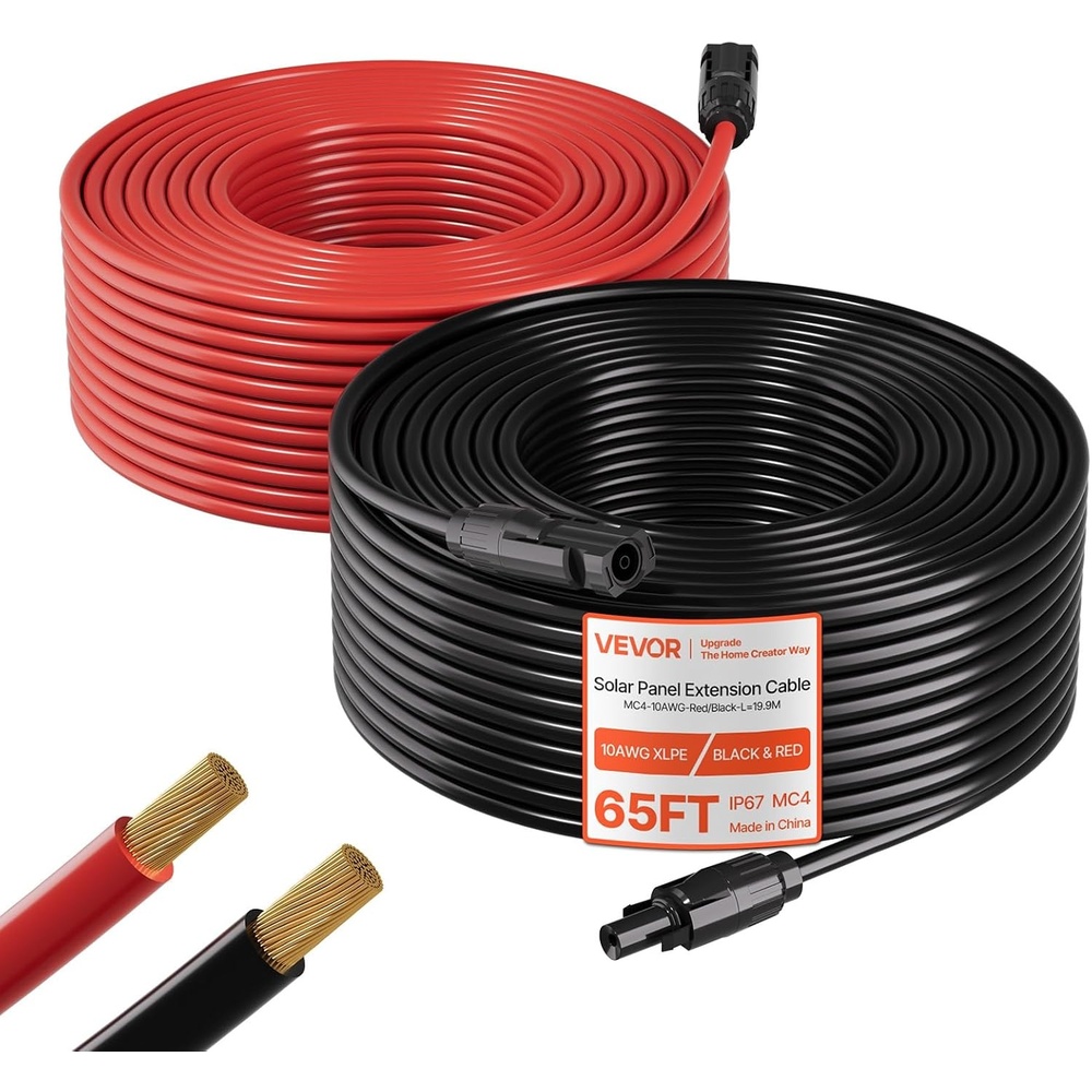 image:imageVEVOR Solar Panel Extension Cable 65 ft Black  65 ft Red 10 AWG 6 mm Solar Panel Wire with Female and Male Connectors IP67 Waterproof PV Tinned Copper Wire for Outdoor Photovoltaic Systems