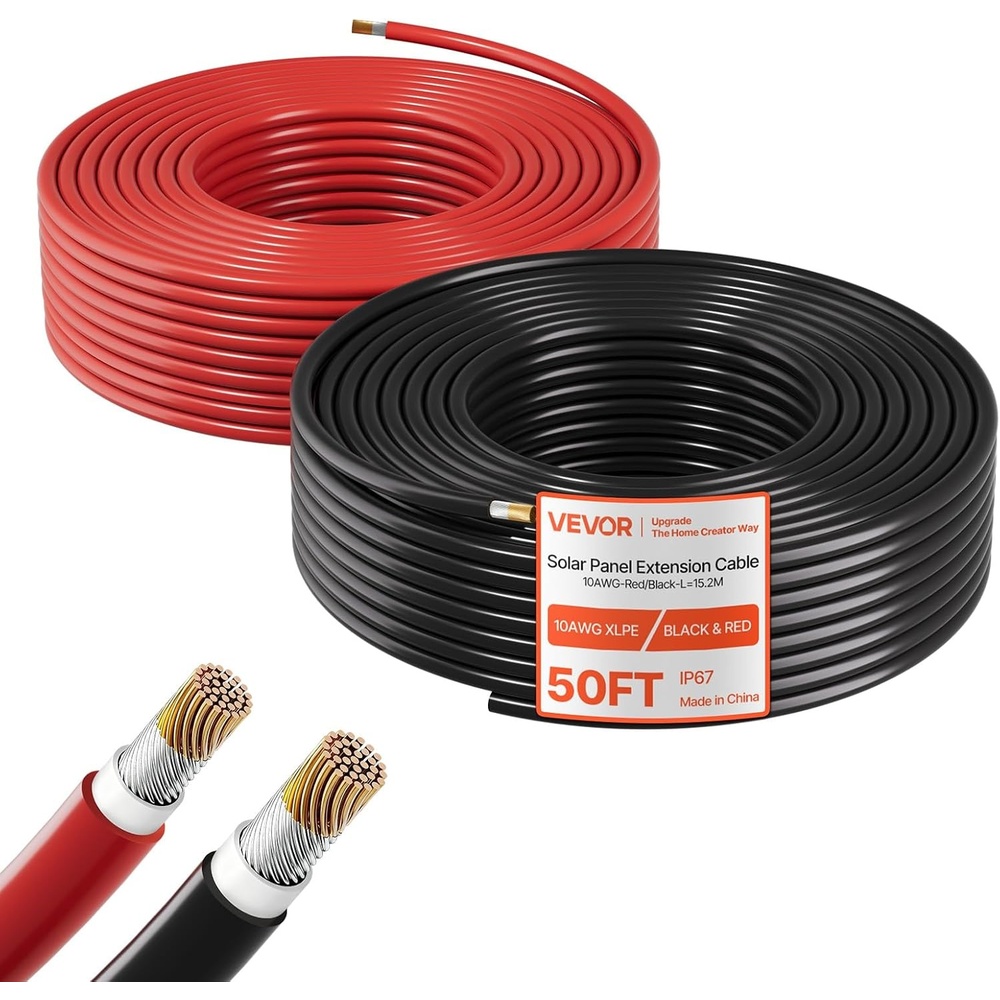 image:imageVEVOR Solar Panel Wire 50 ft Black  50 ft Red Kit 10 AWG 6 mm Solar Panel Extension Cable PV Tinned Copper Wire for Outdoor Home OffGrid Photovoltaic Systems Automotive RV Boat Marine IP67