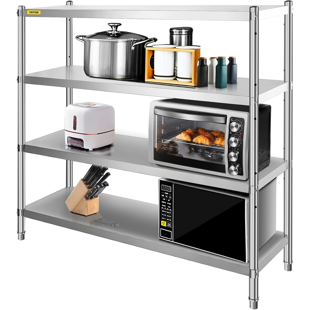 image:imageVEVOR Stainless Steel Shelving 60x185 Inch 4 Tier Adjustable Shelf Storage Unit Stainless Steel Heavy Duty Shelving for Kitchen Commercial Office Garage Storage 330lb Per Shelf