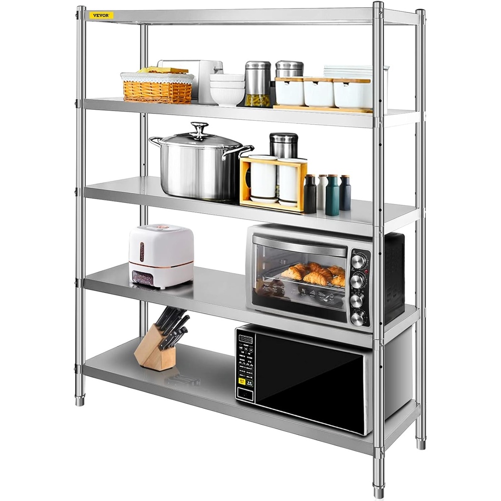 image:imageVEVOR Stainless Steel Shelving 60x185 Inch 5 Tier Adjustable Shelf Storage Unit Stainless Steel Heavy Duty Shelving for Kitchen Commercial Office Garage Storage 330lb Per Shelf5Tier 60x185x72