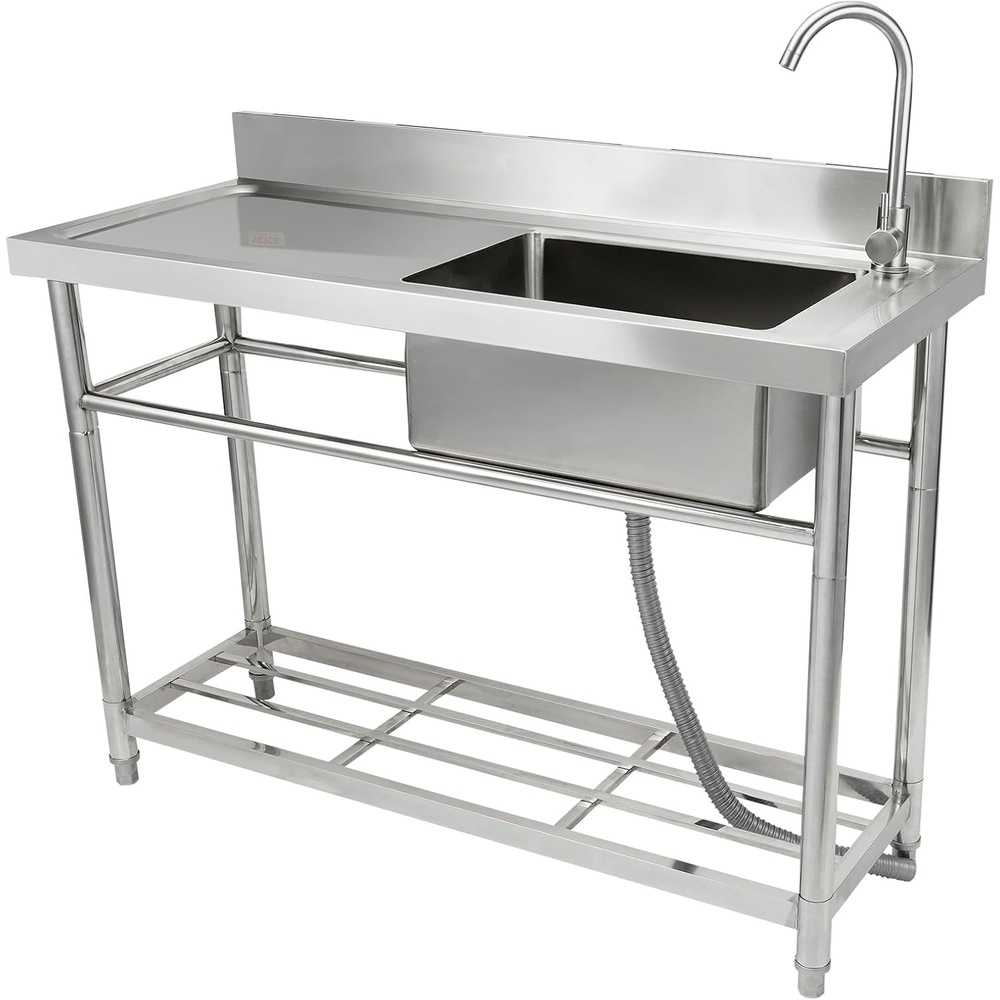 image:imageVEVOR Stainless Steel Utility Sink Free Standing Single Bowl Commercial Kitchen Sink Set wWorkbench 394 x 191 x 374 in Commercial Single Bowl Sinks for Garage Restaurant Laundry