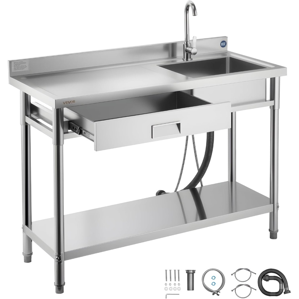 image:imageVEVOR Stainless Steel Utility Sink Rolling Single Bowl Commercial Kitchen Sink with Drawer Faucet and Hot amp Cold Water Pipe Utility Basin for Garage Restaurant Laundry 472 x 197 x 37 in
