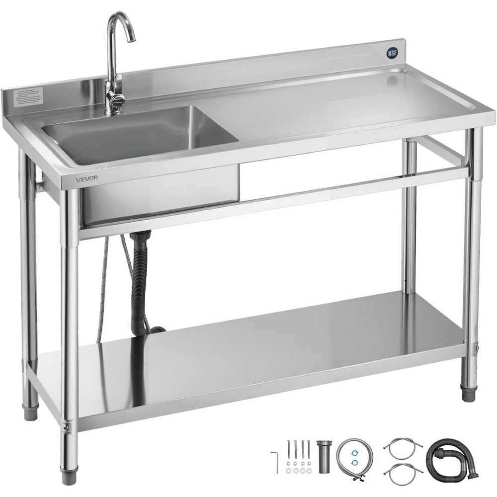 image:imageVEVOR Stainless Steel Utility Sink Rolling Single Bowl Commercial Kitchen Sink with WheelsFaucet and Hot amp Cold Water PipeUtility Basin Workbench for Garage Restaurant Laundry 472 x 197 x 415 in47 Right Drainboard
