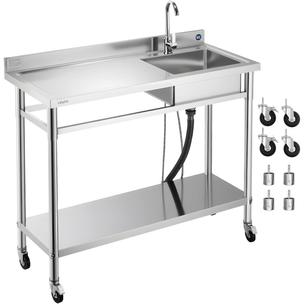 image:imageVEVOR Stainless Steel Utility Sink Rolling Single Bowl Commercial Kitchen Sink with WheelsFaucet and Hot amp Cold Water PipeUtility Basin Workbench for Garage Restaurant Laundry 472 x 197 x 415 in47 Left Drainboard with Casters