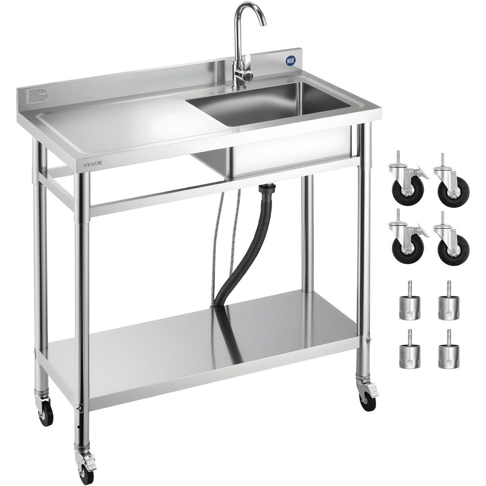 image:imageVEVOR Stainless Steel Utility Sink Rolling Single Bowl Commercial Kitchen Sink with WheelsFaucet and Hot amp Cold Water PipeUtility Basin Workbench for Garage Restaurant Laundry 472 x 197 x 415 in39 LeftSide Drainboard with Caster