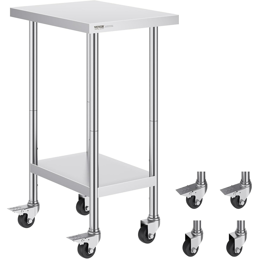 image:imageVEVOR Stainless Steel Work Table 30 x 36 x 38 Inch with 4 Wheels 3 Adjustable Height Levels Heavy Duty Food Prep Worktable for Commercial Kitchen Restaurant Silver24 x 18 x 38 Inch