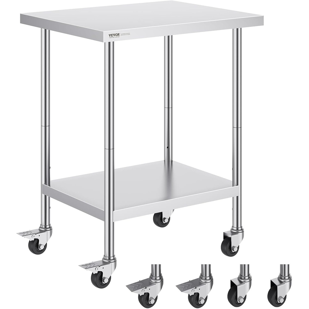 image:imageVEVOR Stainless Steel Work Table 30 x 36 x 38 Inch with 4 Wheels 3 Adjustable Height Levels Heavy Duty Food Prep Worktable for Commercial Kitchen Restaurant Silver24 x 30 x 38 inch