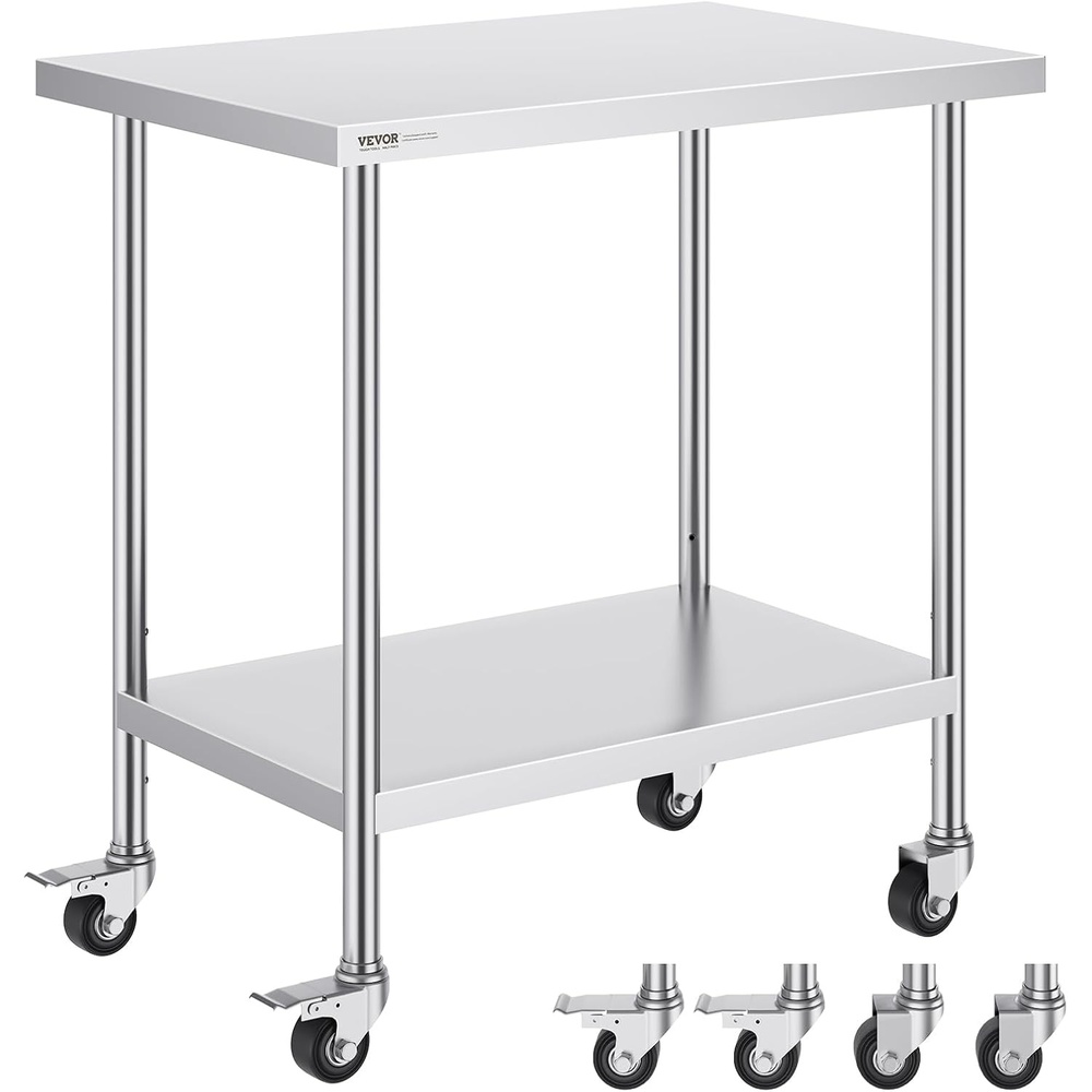 image:imageVEVOR Stainless Steel Work Table 30 x 36 x 38 Inch with 4 Wheels 3 Adjustable Height Levels Heavy Duty Food Prep Worktable for Commercial Kitchen Restaurant Silver24 x 36 x 38 Inch
