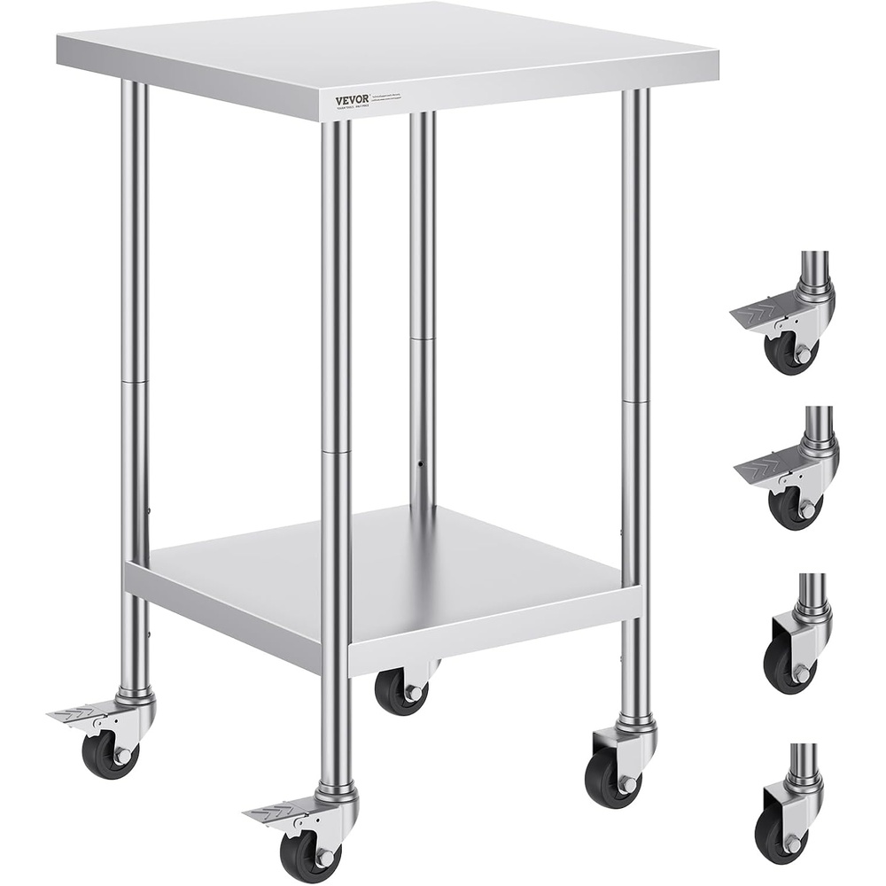 image:imageVEVOR Stainless Steel Work Table 30 x 36 x 38 Inch with 4 Wheels 3 Adjustable Height Levels Heavy Duty Food Prep Worktable for Commercial Kitchen Restaurant Silver24 x 24 x 38 Inch