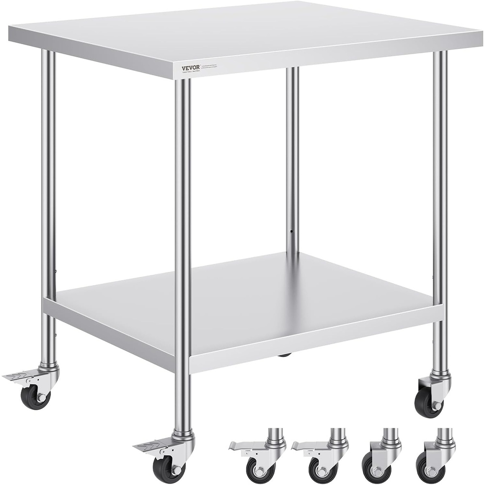 image:imageVEVOR Stainless Steel Work Table 30 x 36 x 38 Inch with 4 Wheels 3 Adjustable Height Levels Heavy Duty Food Prep Worktable for Commercial Kitchen Restaurant Silver30 x 36 x 38 Inch