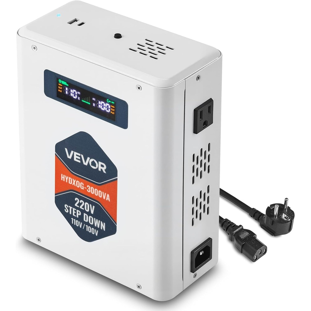 image:imageVEVOR Step Down Voltage Converter 2000VA Heavy Duty Voltage Power Converter 220V to 110V Power Transformer with 2 US Outlets USB Output LCD Display Temperature Protection for 110V AppliancesWhite