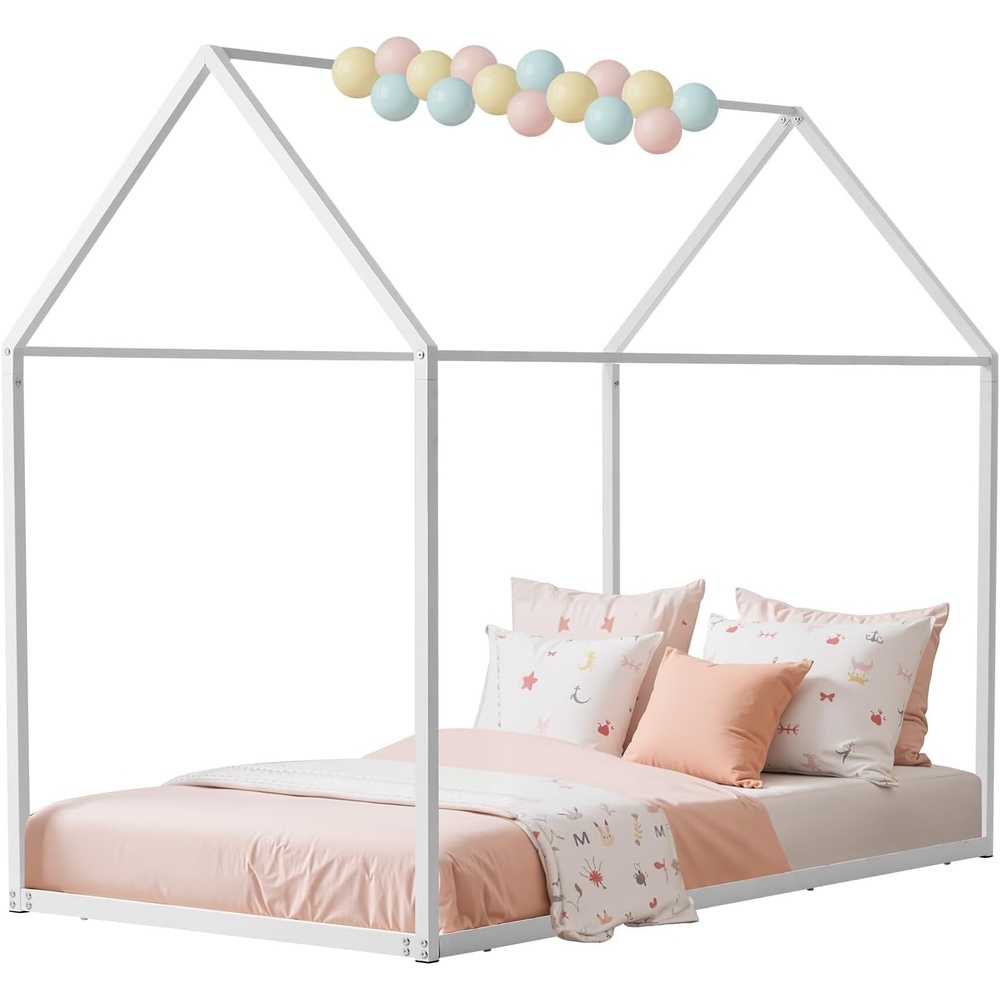 image:imageVEVOR Twin Size House Bed Frame Metal Kids Floor Bed Frame with Roof Heavy Duty Steel Slats Support House Shape Bedframe for Girls and Boys No Box Spring Needed Easy Assembly White