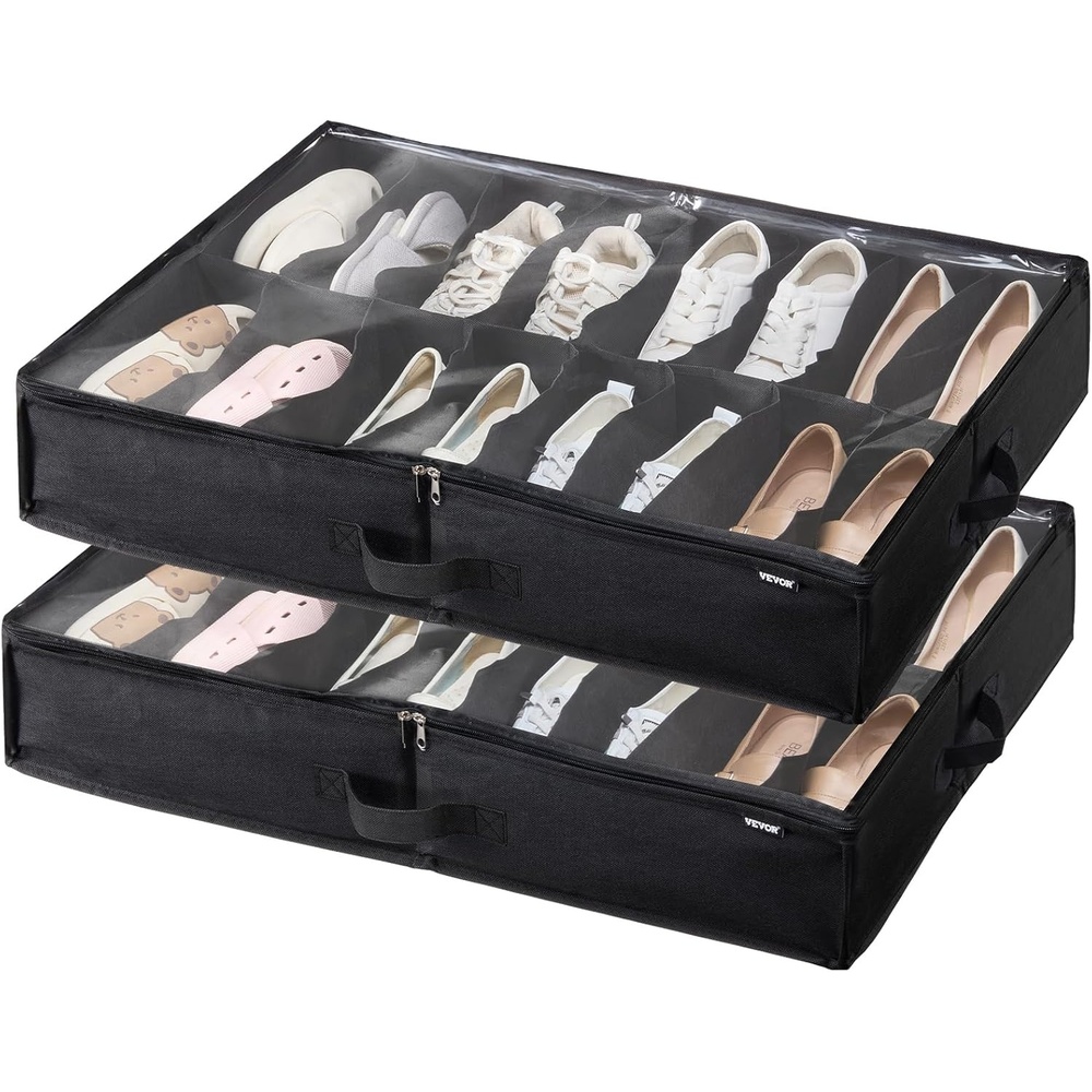 image:imageVEVOR Under Bed Shoe Storage Organizer 1 Pack 16 Compartments Underbed Shoe Box Storage Containers Adjustable Dividers Sandal Organizer Storage with Clear Window Breathable Reinforced HandlesBlack