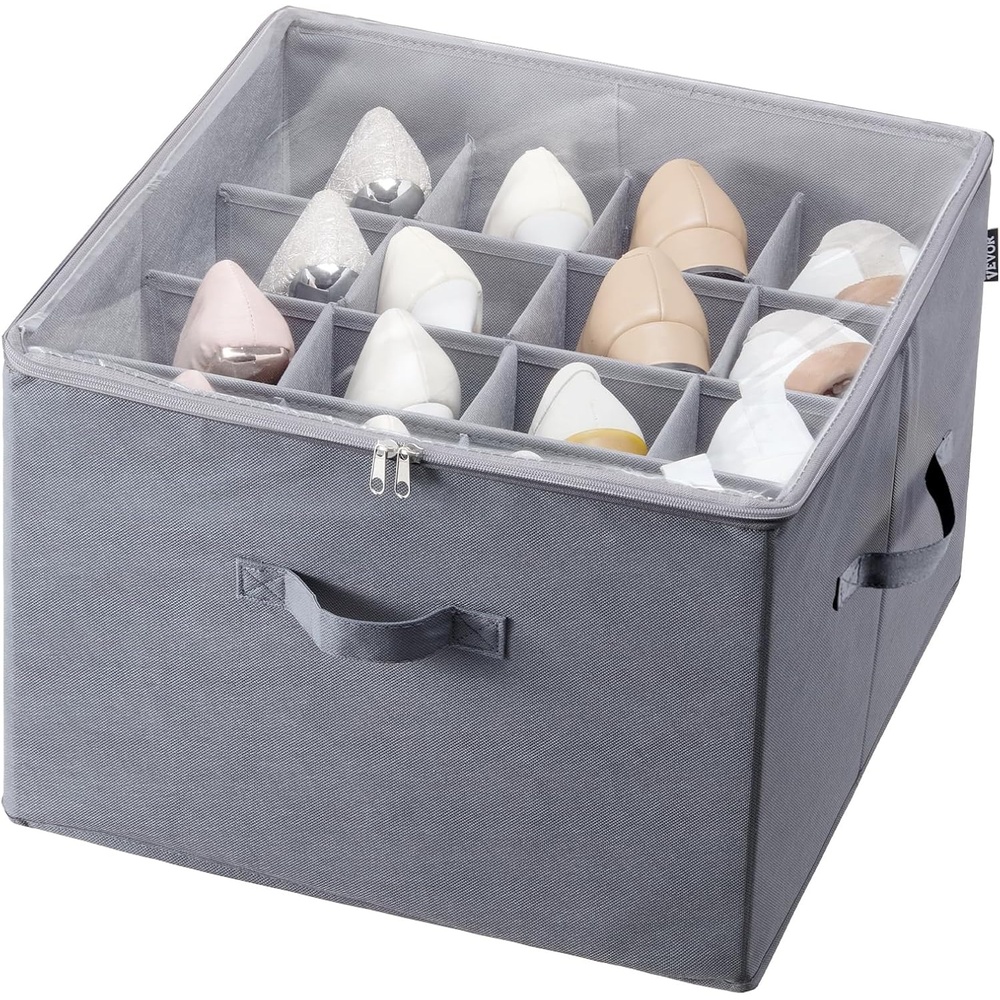 image:imageVEVOR Under Bed Shoe Storage Organizer 1 Pack 16 Compartments Underbed Shoe Box Storage Containers Adjustable Dividers Sandal Organizer Storage with Clear Window Breathable Reinforced HandlesGrey