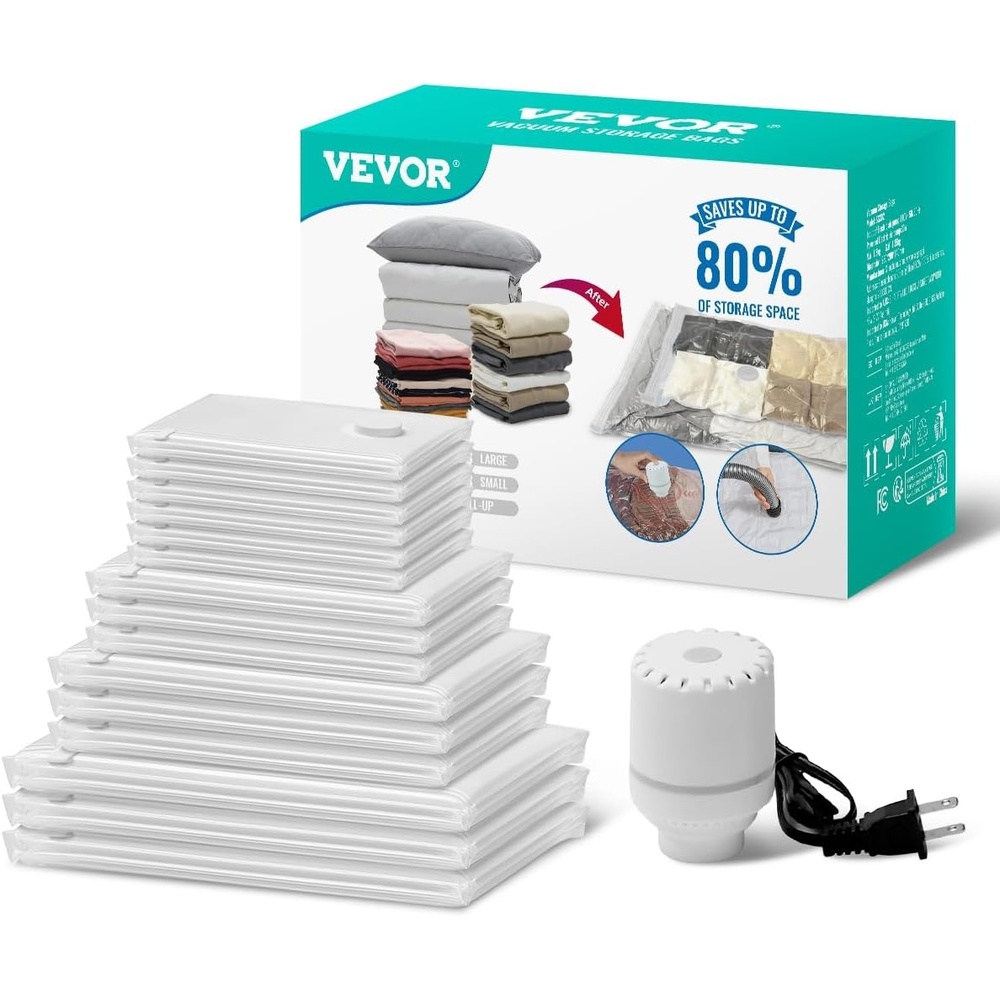 image:imageVEVOR Vacuum Storage Bags 15 Pack Space Saver Seal Bag3 Jumbo3 Large3 Medium3 Small3 Roll Compression Airtight Zipper Space Bags with Electric Pump for Cloth Bedding Blanket Pillow Travel15packElectric pump