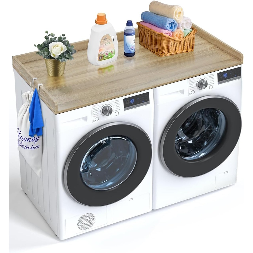 image:imageVEVOR Washer Dryer Countertop with 3 Splicing Panels 54 x 27 Wooden Washer and Dryer Countertop with 2 Hooks WaterResistant Laundry Topper for Laundry Room Organization and Storage BrownOak