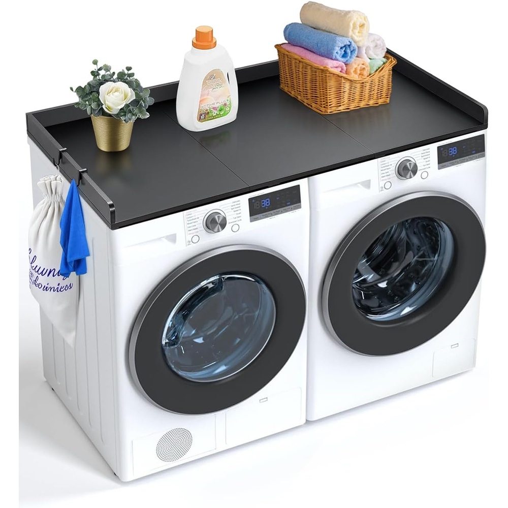 image:imageVEVOR Washer Dryer Countertop with 3 Splicing Panels 54 x 27 Wooden Washer and Dryer Countertop with 2 Hooks WaterResistant Laundry Topper for Laundry Room Organization and Storage BrownBlack With Splicing Panels
