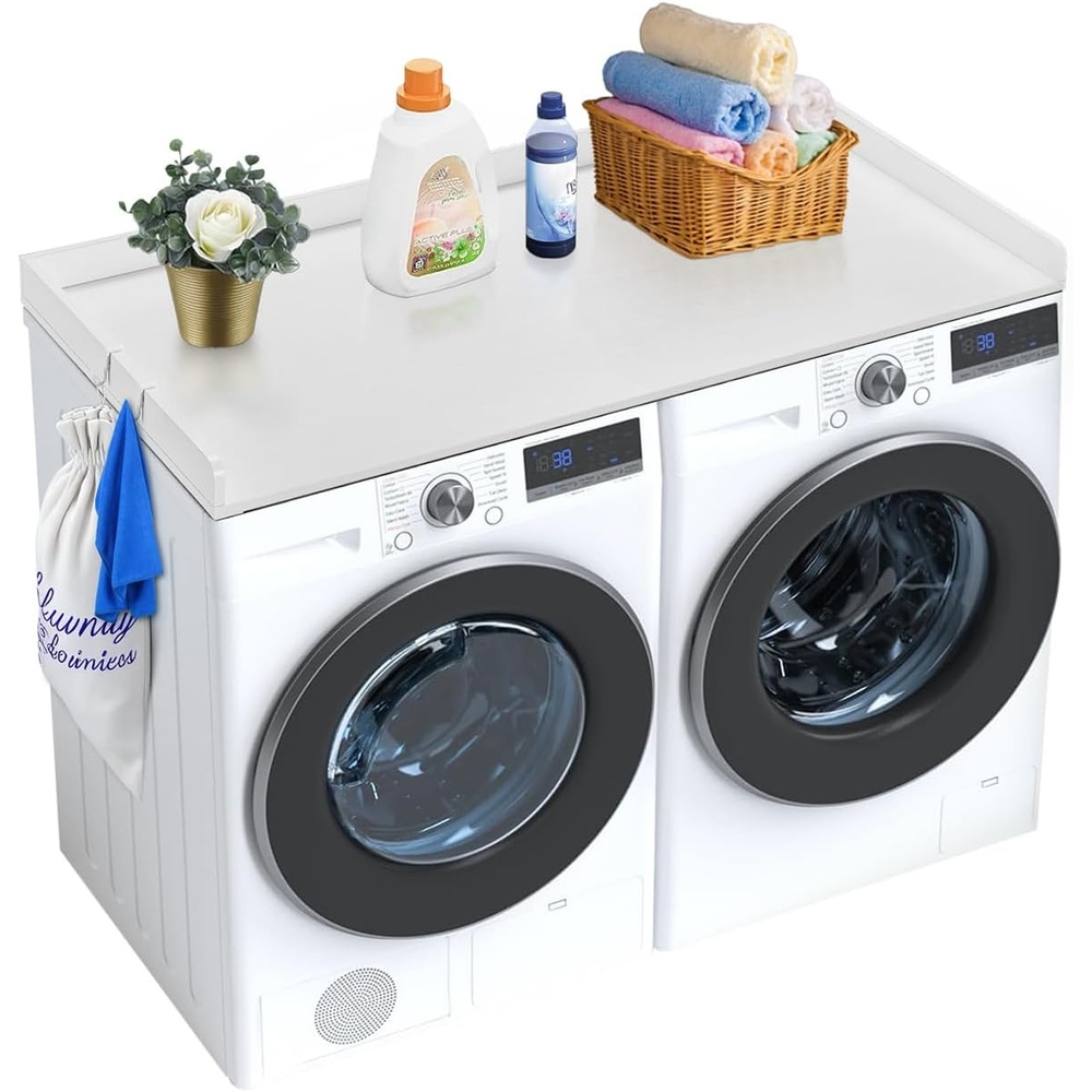 image:imageVEVOR Washer Dryer Countertop with 3 Splicing Panels 54 x 27 Wooden Washer and Dryer Countertop with 2 Hooks WaterResistant Laundry Topper for Laundry Room Organization and Storage BrownWhite