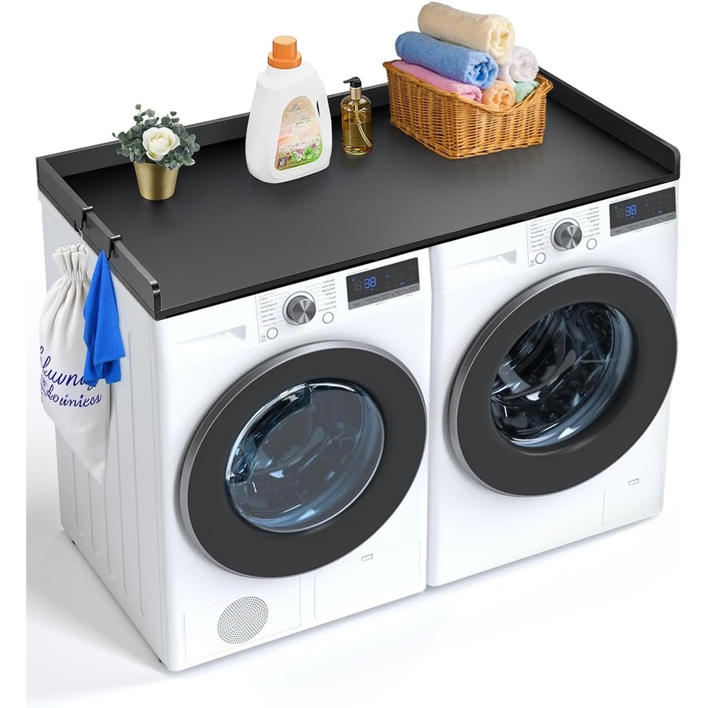 image:imageVEVOR Washer Dryer Countertop with 3 Splicing Panels 54 x 27 Wooden Washer and Dryer Countertop with 2 Hooks WaterResistant Laundry Topper for Laundry Room Organization and Storage BrownBlack