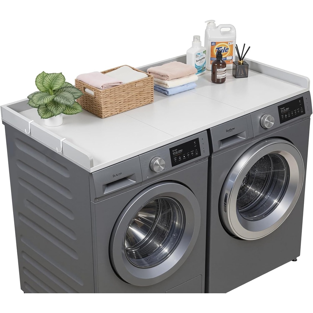 image:imageVEVOR Washer Dryer Countertop with 3 Splicing Panels 54 x 27 Wooden Washer and Dryer Countertop with 2 Hooks WaterResistant Laundry Topper for Laundry Room Organization and Storage BrownGray