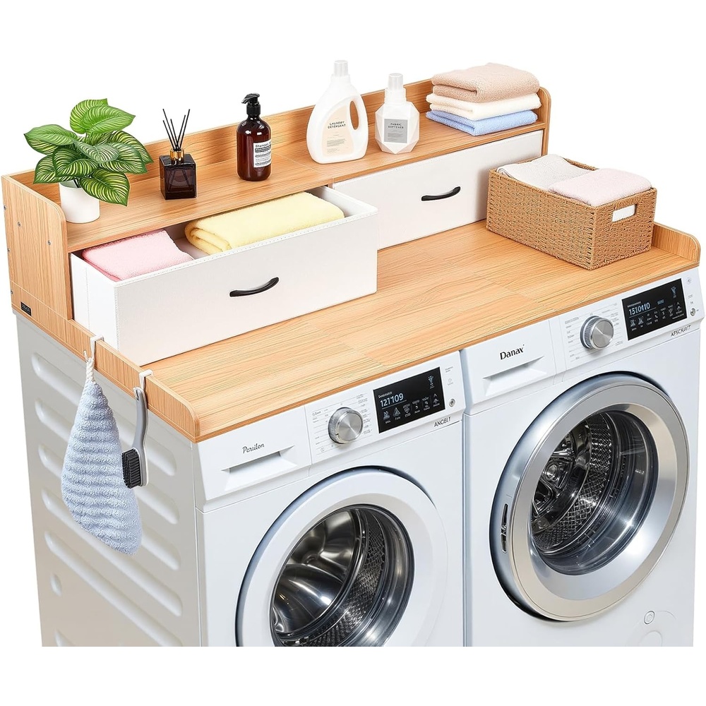image:imageVEVOR Washer Dryer Countertop with Shelf 54 x 27 in Wooden Washer and Dryer Topper with Shelf and 2 Hooks Laundry Machine Topper for Laundry Closet Pantry Counter Organization and Storage BlackNatural