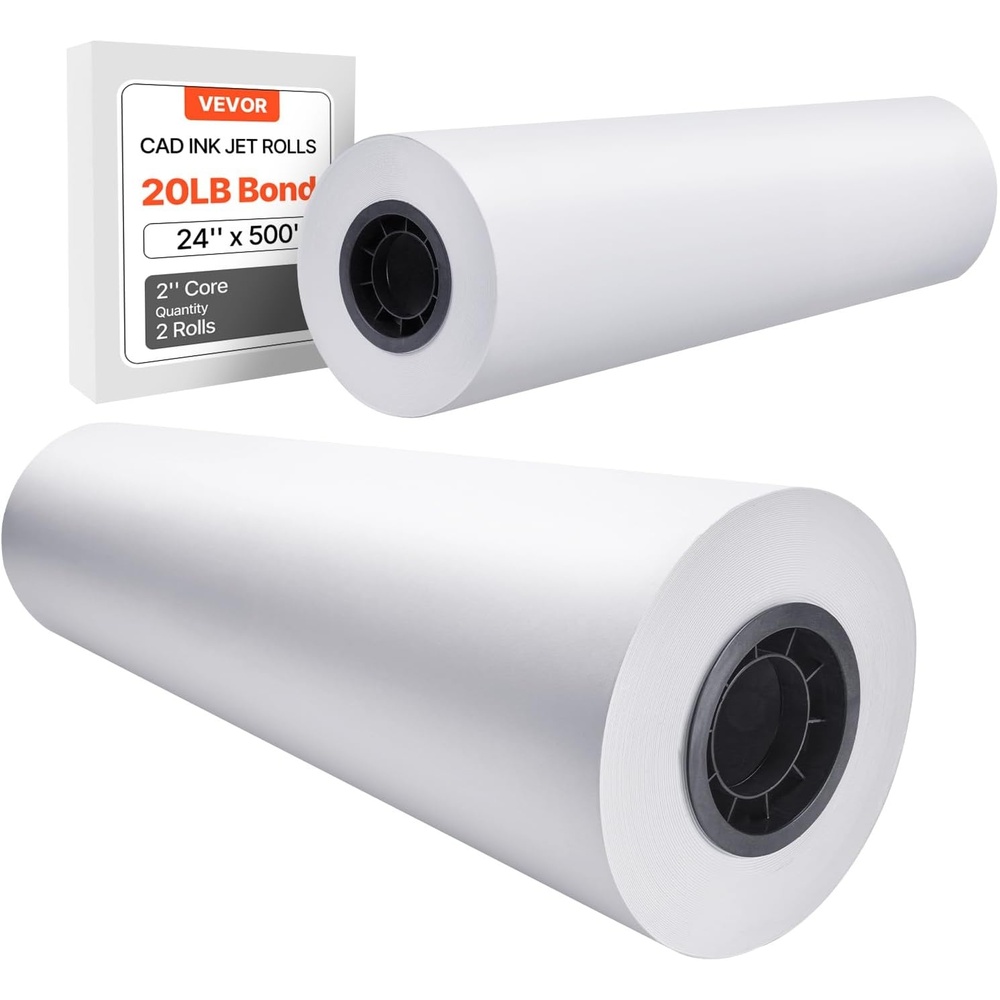 image:imageVEVOR Wide Format Paper 24 in x 150 ft Plotter Roll 2 Rolls CAD Bond Rolls with 2 in Core 20 LB Bond Paper Rolls Ideal for CAD Drawings Engineering Plans GIS Maps and Architectural Designs24 in x 500 ft