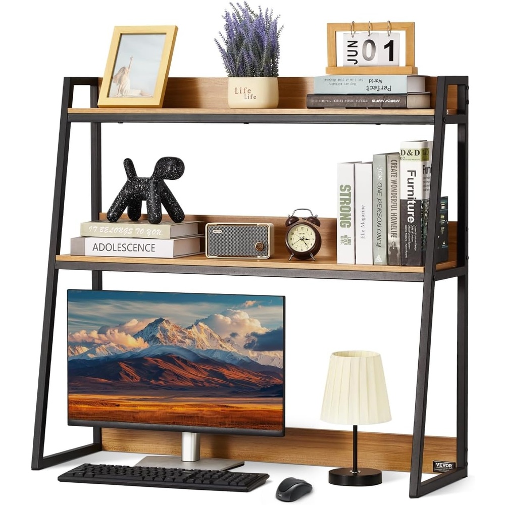 image:imageVEVOR Wood Desk Shelf Desktop Bookshelf Desk Storage Hutch with 6 Shelves Office Countertop Organizer 3Tier Display Rack with AntiSlip Feet Pads for Office Home amp Dorm BlackWood