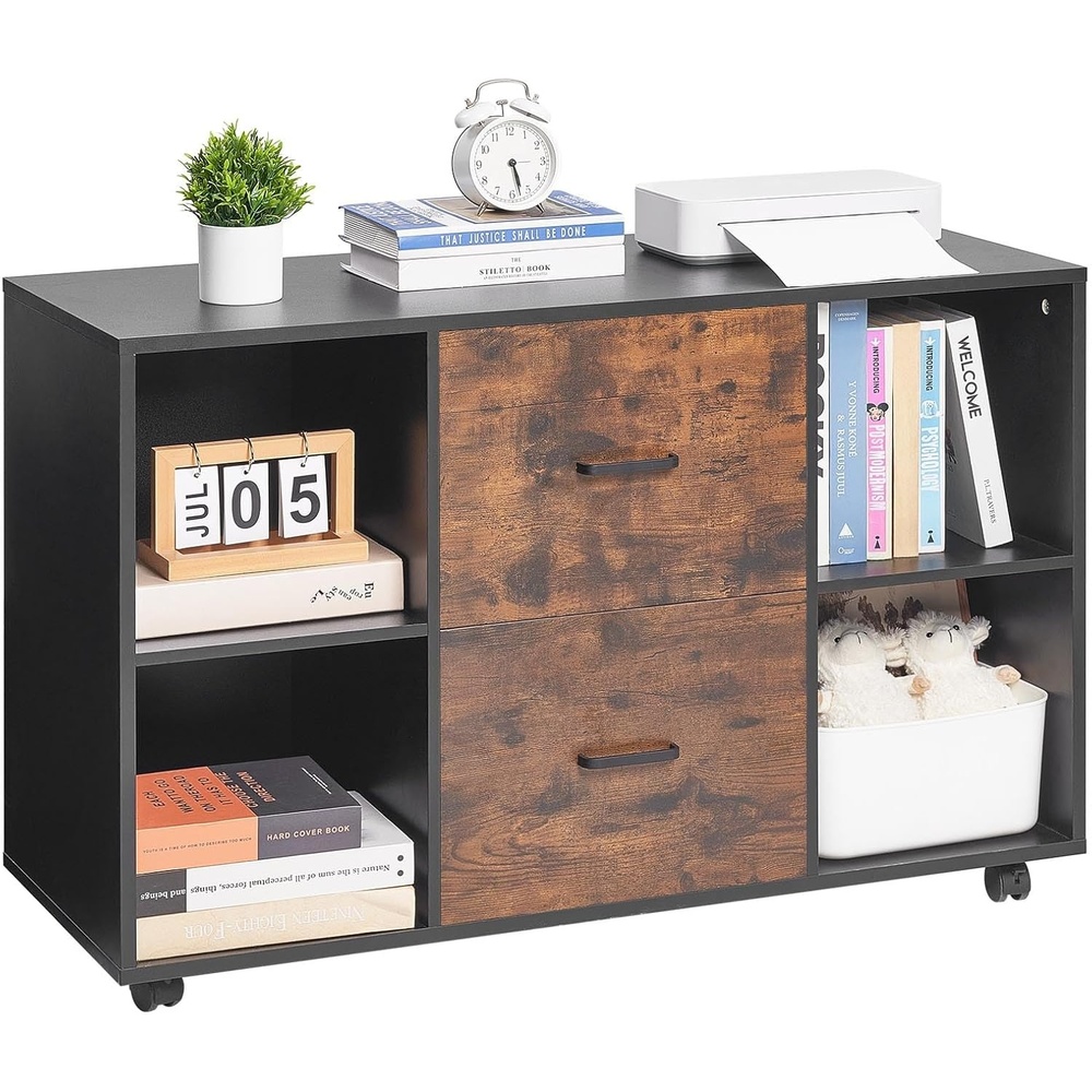 image:imageVEVOR Wood File Cabinet Mobile Filing Cabinet with Open Shelves Lockable Lateral Rolling File Storage with Adjustable Shelves Free Standing Printer Stand for Home Office School Rustic BrownA1