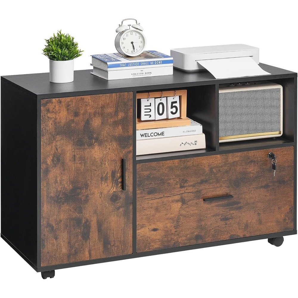 image:imageVEVOR Wood File Cabinet Mobile Filing Cabinet with Open Shelves Lockable Lateral Rolling File Storage with Adjustable Shelves Free Standing Printer Stand for Home Office School Rustic BrownA2