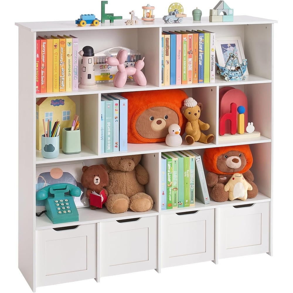 image:imageVEVOR Wooden Bookshelf Toy Cabinet with 4 Mobile Drawers Kids Storage Organizer for Bedroom Nursery Living Room Entryway Preschool White