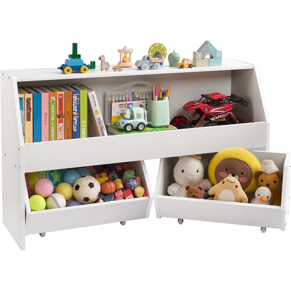 image:imageVEVOR Wooden Kids Bookshelf 4Tier Toy Storage Organizer for Toddler Book Shelf for Kids Rooms with 6Layer Sling Book Rack Baby Book Storage Shelves for Kids Room Playroom Kindergarten Nursery5cubby With 2 Mobile Drawers