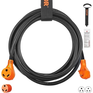 VEVOR 15 ft Extension 50 Amp, Heavy Duty STW Power Cord 14-50R Female NEMA 14-50P Male Plug, with LED Indicator Handle 15A Adapter, for RVs, trams, generators, Campers, ETL Listed, 50A(30A)