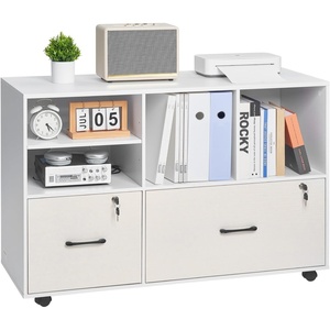 VEVOR 2 Drawer Wooden File Cabinet, Mobile Filing Cabinet with Open Shelves, Lockable Lateral Rolling File Storage with Adjustable Shelves, Free Standing Printer Stand for Home Office School, White