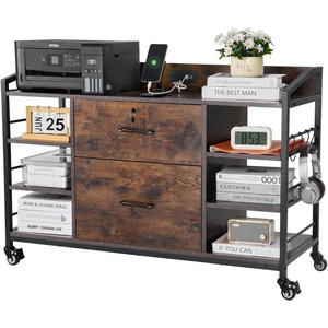 VEVOR 2 Drawers Metal File Cabinet, Lateral Filing Cabinet with Lock and 6 Open Shelves, Wooden Wide Filing Storage Cabinets with Power Strip for Letter, A4, Legal Size File, Easy Assembly, Brown(Brown)