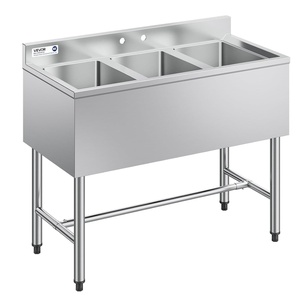 VEVOR 3 Compartment Sink, 18-Gauge 304 Stainless Steel, 10″ x 14″ x 10″ Bowl Size, 3 Bay Commercial Under Bar Sink with Backsplash and Efficient Drainage for Kitchen, Restaurant, Food Truck & Home Use