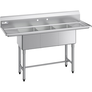 VEVOR 3 Compartment Sink, 18-Gauge 304 Stainless Steel, 10″ x 14″ x 10″ Bowl Size, 3 Bay Commercial Under Bar Sink with Double Drainboard and Backsplash for Kitchen, Restaurant, Food Truck & Home Use(66*21.5inch with drain boards)
