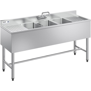 VEVOR 3 Compartment Sink, 18-Gauge 304 Stainless Steel, 10″ x 14″ x 10″ Bowl Size, 3 Bay Commercial Under Bar Sink with Double Drainboard and Backsplash for Kitchen, Restaurant, Food Truck & Home Use(60*19inch drainboard & faucet)