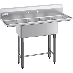 VEVOR 3 Compartment Sink, 18-Gauge 304 Stainless Steel, 10″ x 14″ x 10″ Bowl Size, 3 Bay Commercial Under Bar Sink with Double Drainboard and Backsplash for Kitchen, Restaurant, Food Truck & Home Use(54 inches (W) x 20 inches (D) x 43.2 inches (H))