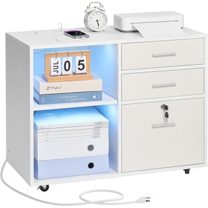 VEVOR 3 Drawer Wooden File Cabinet, Mobile Filing Cabinet with Light Strip, Lockable Rolling File Storage with Adjustable Shelves & 5 Wheels, Free Standing Printer Stand for Home Office School, White
