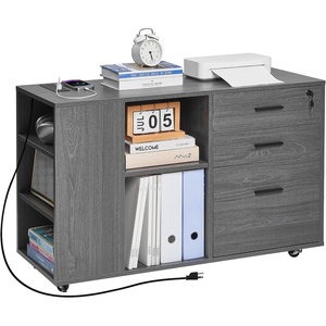 VEVOR 3 Drawer Wooden File Cabinet, Mobile Filing Cabinet with Power Strip, Lockable Rolling File Storage with Adjustable Shelves & 5 Wheels, Floor Standing Printer Stand for Home Office School, Gray(Grey)