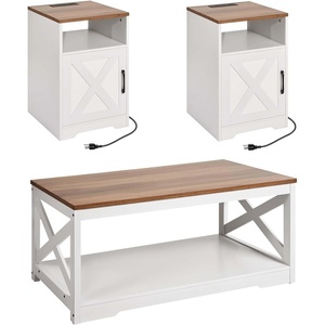 VEVOR 3 Pieces Farmhouse Coffee Table Sets, 40 Inch Industrial Coffee Table with 2 End Tables, Easy Assembly Coffee and Side Tables Sets with Charging Station, for Office, Living Room & Apartment(3 Pieces)